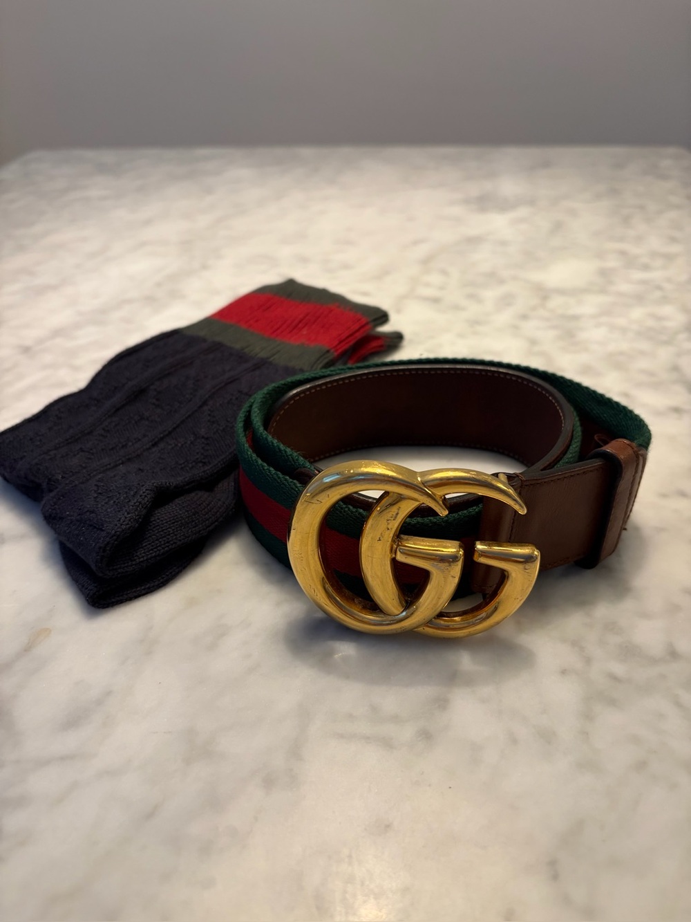 GUCCI Green and Red Web Belt with Gold Double G Buckle and GUCCI Socks! - Picture 2 of 11